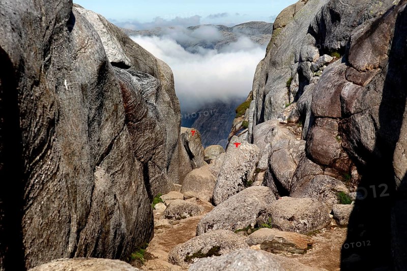 Crevice during the descent from Kjerag in a cloudy landscape, Lysefjord, Rogaland, Norway