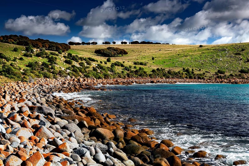 The rocky coastline of Cape Willoughby with green fields and blue sea, Kangaroo Island, South Australia, Australia