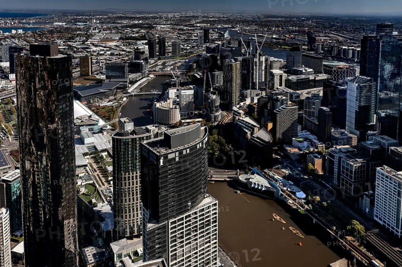 View from Eureka Tower Skydeck over Melbourne's skyscrapers and river landscape, Melbourne, Victoria, Australia
