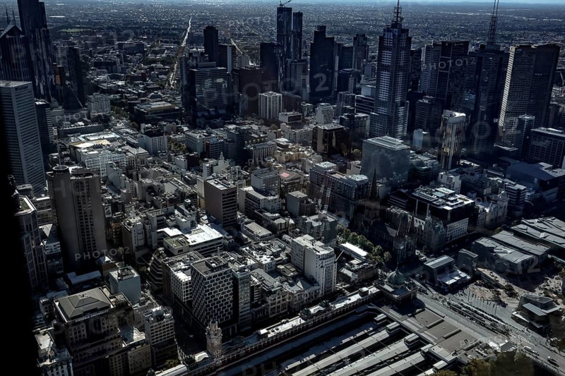 Panoramic view of Melbourne from Eureka Tower Skydeck with dense buildings, Melbourne, Victoria, Australia