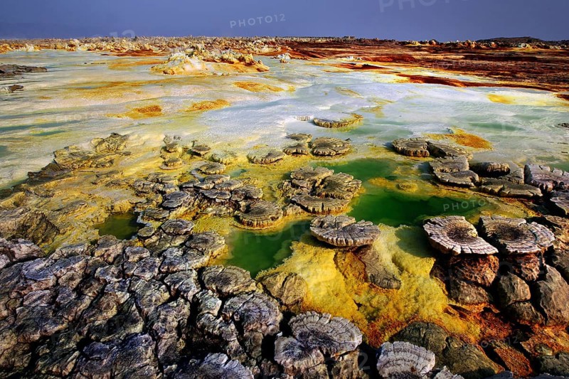 Vivid colors and volcanic formations in the geothermal area of Dallol with hot springs, Dallol, Afar, Ethiopia