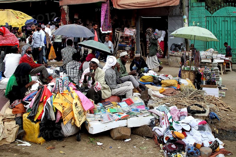 Bustling street market with stalls and people in Addis Ababa, Addis Ababa, Mercato, Ethiopia
