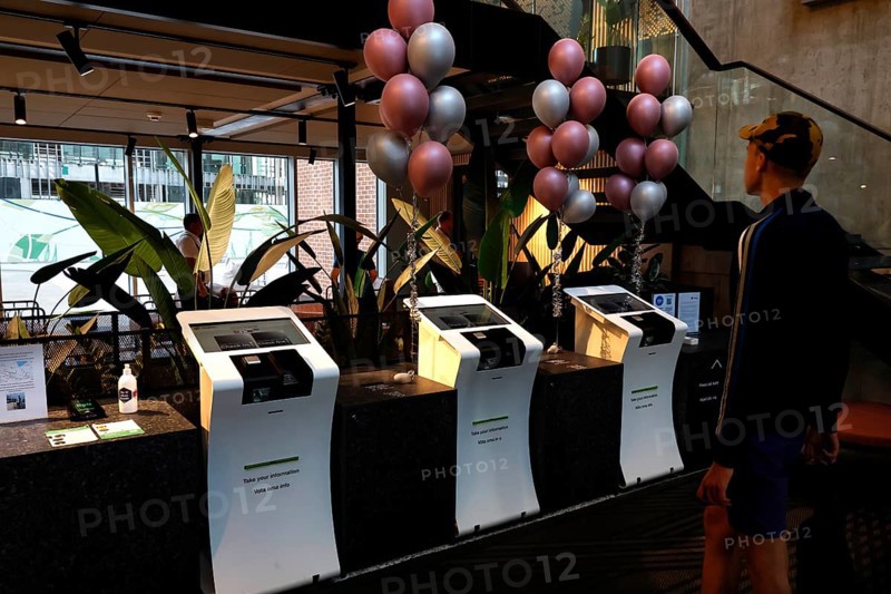 Check-in area at Hotel City Box Tallinn with modern terminals and decoration in the Rotermann Quarter, Tallinn, Harju, Estonia