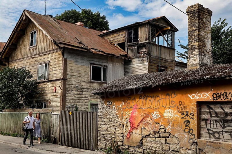 Various wooden houses decorated with graffiti in Kelmiküla Tallinn, Tallinn, Harju, Estonia