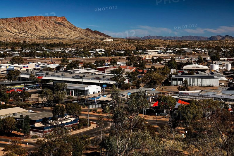 Panorama of Alice Springs with view of buildings and surrounding countryside from Anzac Hill, Alice Springs, Northern Territory, Australia