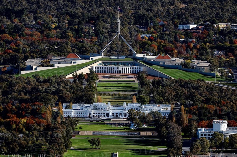 Detailed view of Parliament grounds and surrounding gardens from Mount Ainslie Lookout, Canberra, Australian Capital Territory, Australia