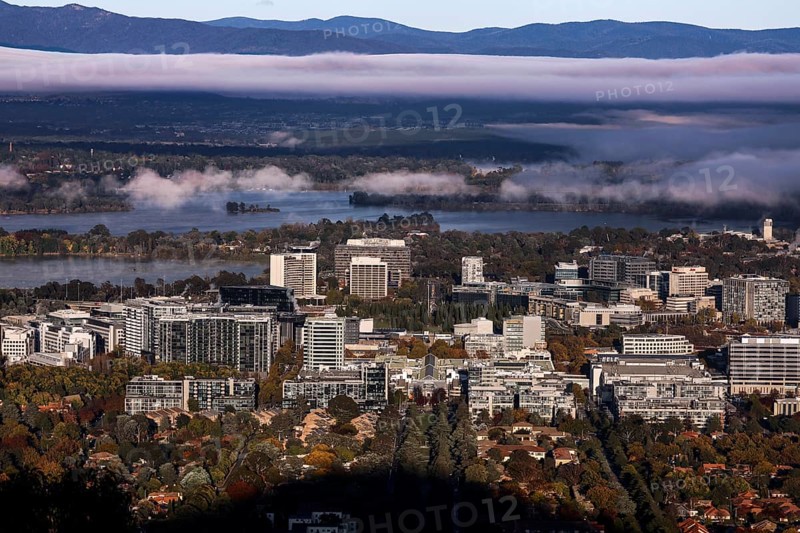 Overview of Mount Ainslie Lookout on Canberra amid surrounding mountains and morning light, Canberra, Australian Capital Territory, Australia
