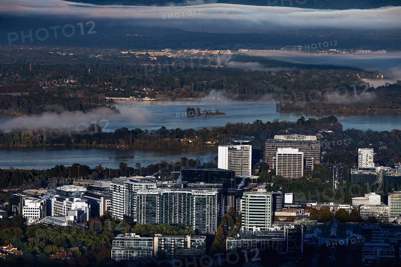 View of Canberra CBD from Mount Ainslie Lookout in the morning with fog fields over the lake, Canberra, Australian Capital Territory, Australia
