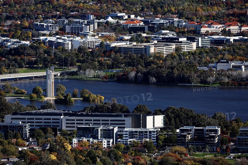 View from Mount Ainslie across the river and western suburbs of Canberra with autumn trees, Canberra, Australian Capital Territory, Australia