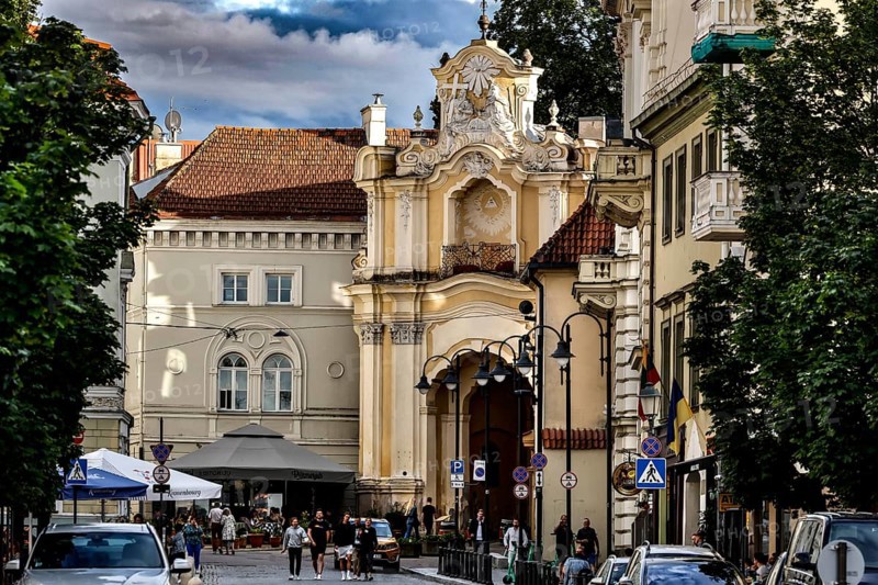 Gate to the Church of the Holy Trinity in Vilnius with surrounding buildings, Vilnius, Vilnius County, Lithuania