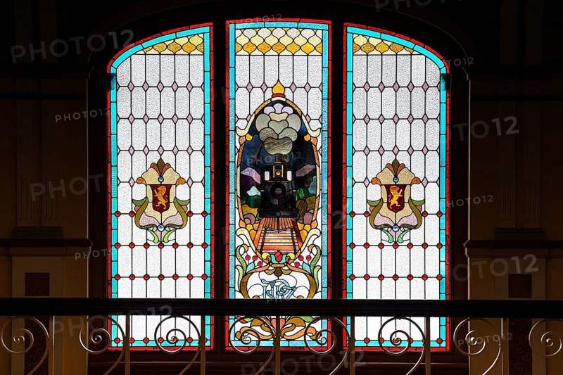 Magnificent colorful window in Dunedin train station with ornate stained glass, Dunedin, null, New Zealand
