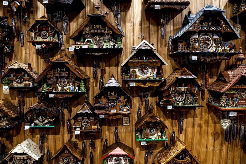Traditional gift shop with cuckoo clocks on wooden walls in Hahndorf, Hahndorf, South Australia, Australia