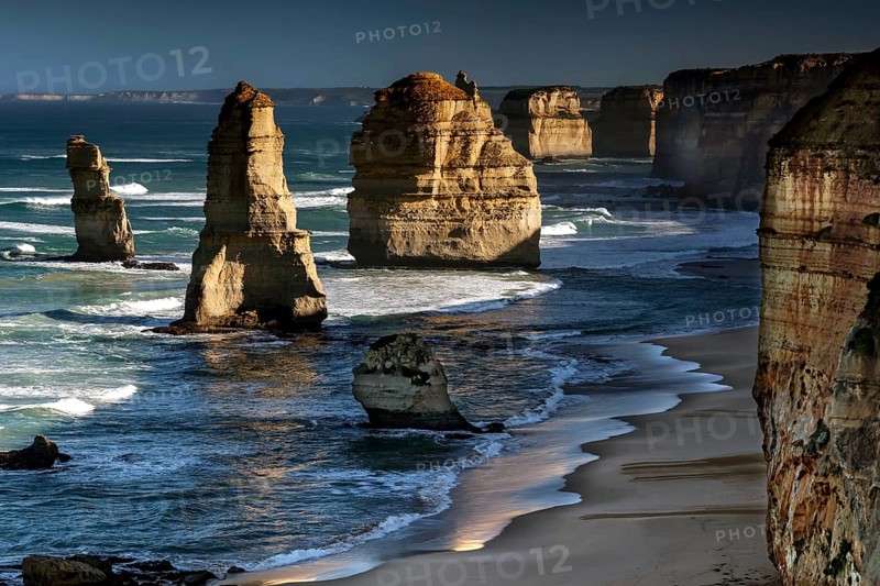 Impressive rock formations of the Twelve Apostles along the coast of the Great Ocean Road, Great Ocean Road, Victoria, Australia