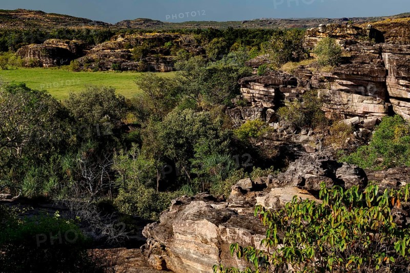Wide rocky landscape with lush vegetation at Nardab Lookout, Ubirr, Northern Territory, Australia