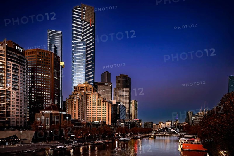 Illuminated Melbourne skyline on Yarra River at night, Melbourne, Victoria, Australia