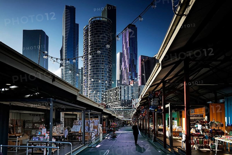 Queen Victoria Market with a view of Melbourne's skyline in daylight, Melbourne, Victoria, Australia