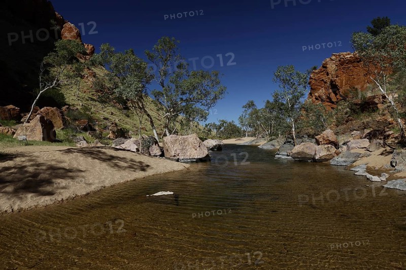 Clear water with trees and rocks in Simpson Gap under bright blue sky, Simpson Gap, Northern Territory, Australia