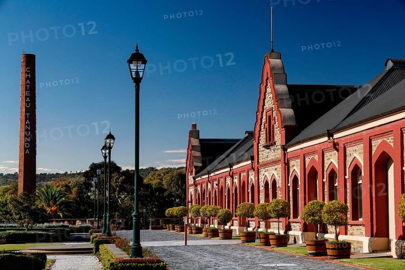 The Chateau Tanunda Estate with impressive architecture under clear blue sky, Tanunda, South Australia, Australia