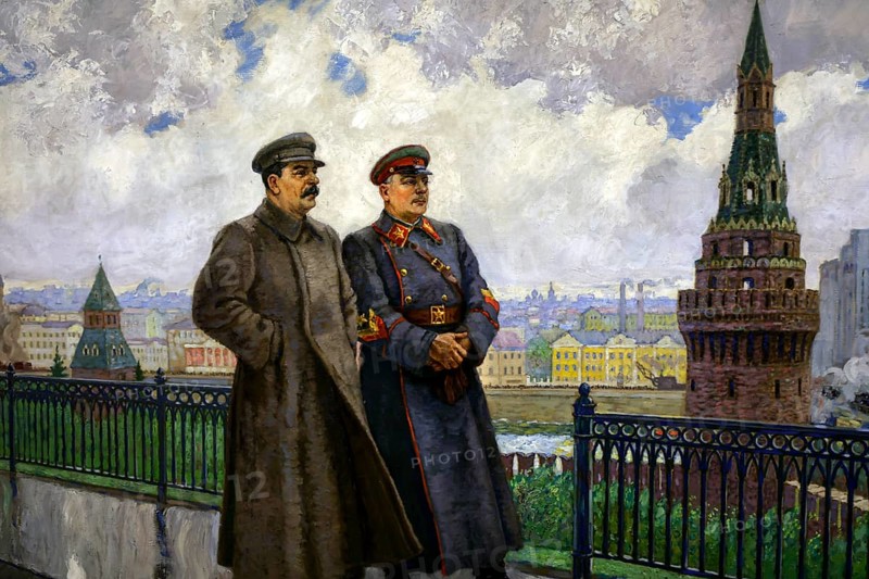 Painting depicting Stalin with another, historical setting against an architectural backdrop, Druskininkai, Grutas, Lithuania