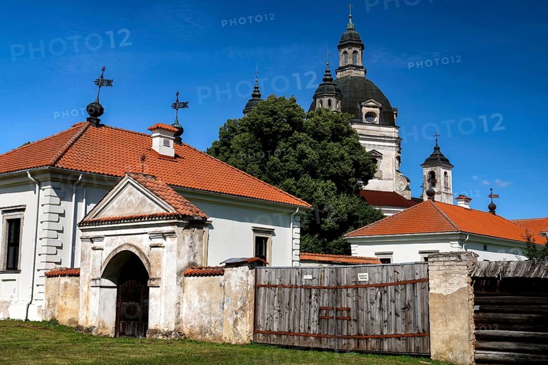 Historic Pažaislis monastery in Kaunas with baroque architecture under blue sky, Kaunas, Lithuania