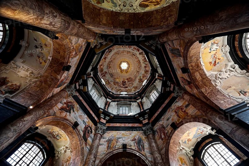 Baroque interior view of Pažaislis monastery in Kaunas with richly decorated frescoes, Kaunas, Lithuania