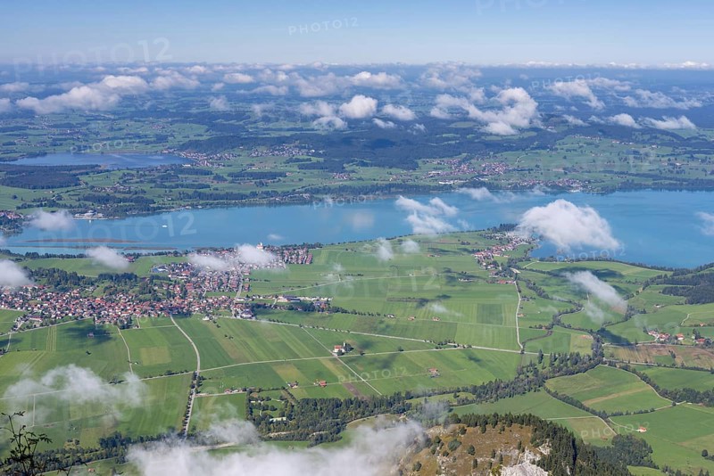 Panorama from Tegelberg, 1881m, on Schwangau, Waltenhofen, Forggensee and Hopfensee, Füssener Land, Ostallgäu, Bavaria, Germany