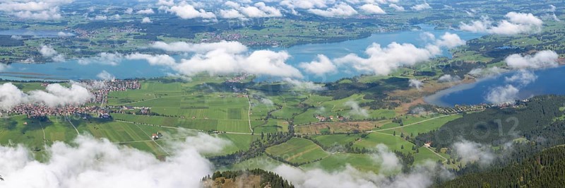 Panorama from Tegelberg, 1881m, on Schwangau, Waltenhofen, Forggensee, Hopfensee and Bannwaldsee, Ostallgäu, Bavaria, Germany