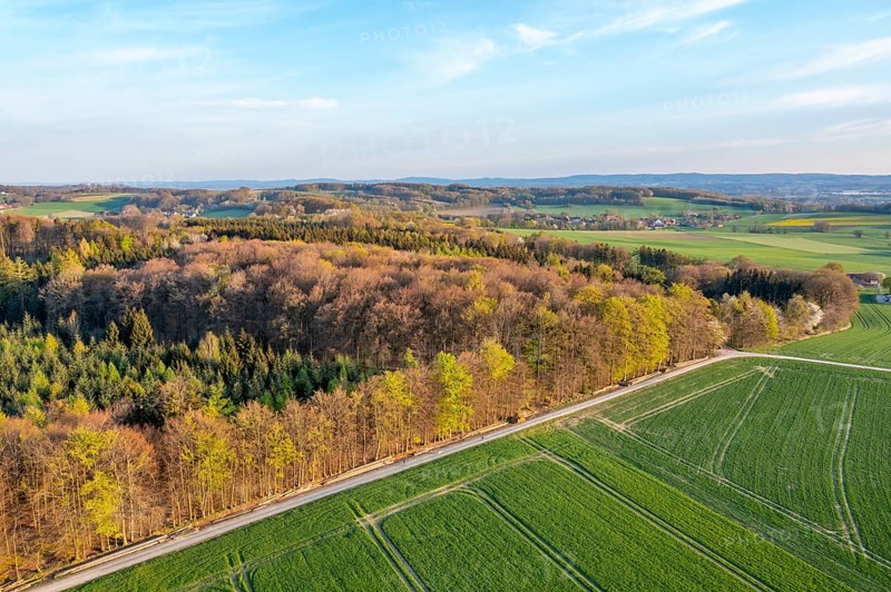 Wide landscape with forests and green fields under blue sky in spring, oblique aerial view, Osnabrücker Land, Wiehen Mountains, Lower Saxony, Germany