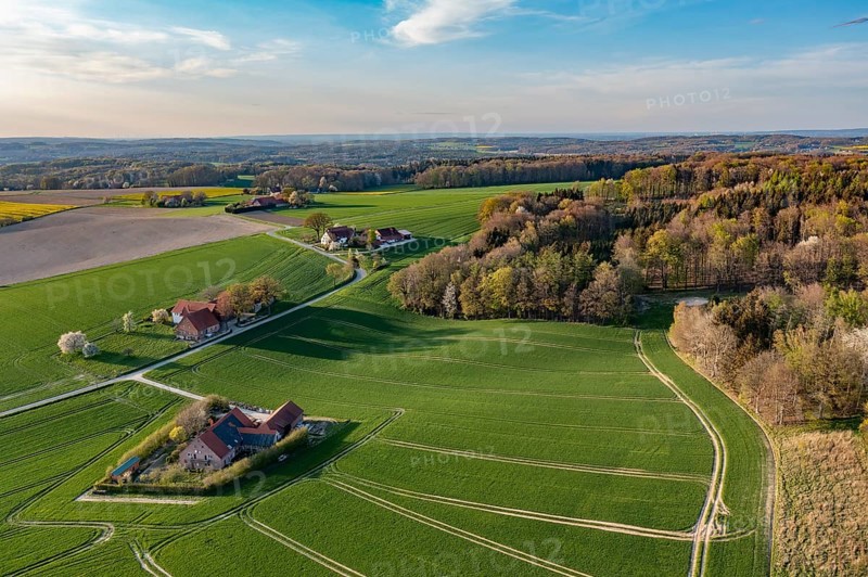 Green fields and forests with small farms under blue spring sky, oblique aerial view, Osnabrücker Land, Wiehen Mountains, Lower Saxony, Germany