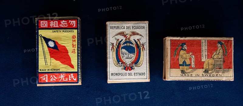Matchboxes with old label design and different motifs, Tändsticksmuseet matchstick museum or match museum, Jönköping, Jönköpings län, Sweden