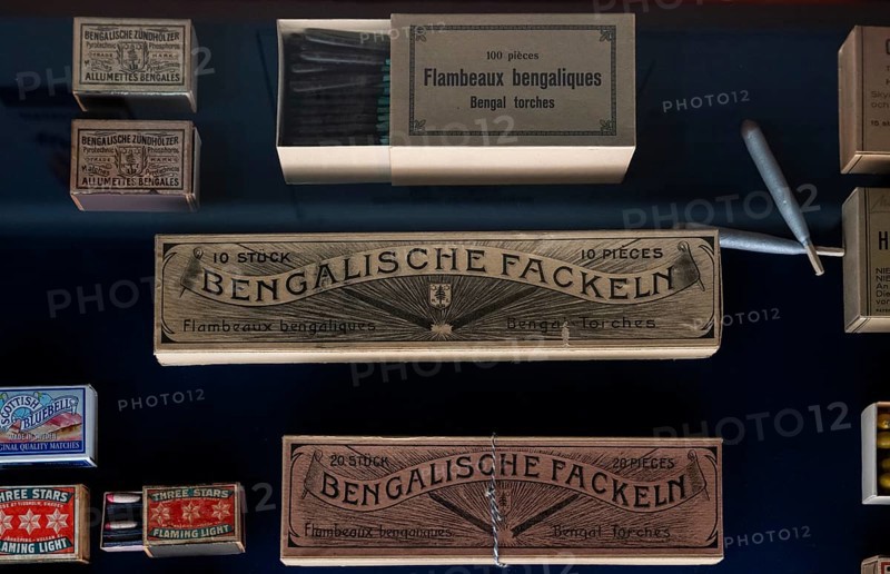 Matchboxes with old label design for Bengali torches, Tändsticksmuseet match museum or match museum, Jönköping, Jönköpings län, Sweden