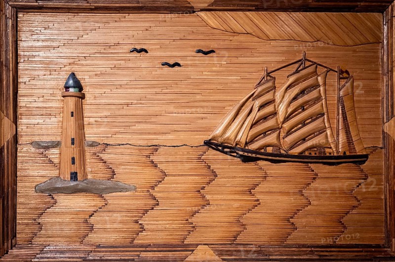 Lighthouse, sea and sailing ship, picture made of matches, Tändsticksmuseet matchstick museum or match museum, Jönköping, Jönköpings län, Sweden