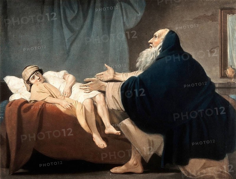 Der tote Sohn der Witwe, mit leeren Augen. Er kehrt durch das Gebet von Elias zum Leben zurück. Farbige Mezzotinto von V. Green, 1799, nach B. West Medizin, Medizingeschichte, Gemälde, historisch