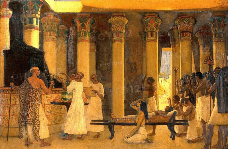 Ägypten, Menschen beten zu Imhotep, den ägyptischen Gott der Medizin und bitten um Heilung und Hilfe. Ölgemälde von Ernest Board, um 1910. Medizin, Medizingeschichte, Gemälde, historisch