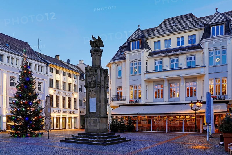 Christmas tree on the Altmarkt at dusk, Altstadt, Moers, Ruhr area, Lower Rhine, North Rhine-Westphalia, Germany