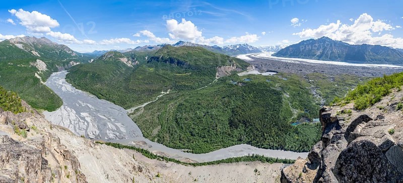Panorama, view of impressive mountain landscape with Matanuska River and Matanuska Glacier tongue, Lion's Head, Chugach Mountains, Alaska, USA