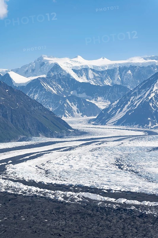 View of impressive mountain landscape with Matanuska glacier and glaciated mountain peaks, Lion's Head, Chugach Mountains, Alaska, USA