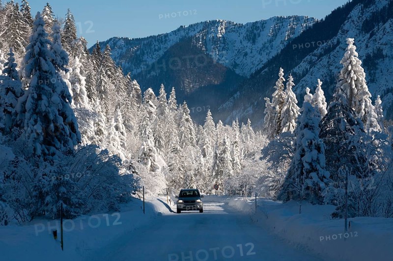 Winter landscape, spruces, mountains, road, car, snow, Alpine foothills, Oberbayern, Germany/Winterscenery, road, car, mountains, snow, Upper Bavaria, Germany