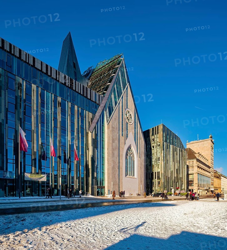University of Leipzig, lecture hall building and Paulinum on Augustusplatz in winter with snow, Leipzig, Saxony, Germany