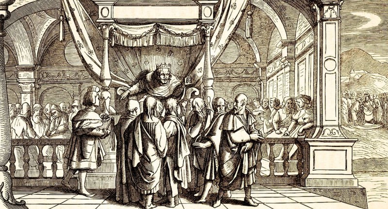 Jeroboam I, first king of the kingdom of Judah (probably 926 to 907 BC) Israel, palace, throne, anger, men, woman, town hall Basel, Switzerland, historical illustration 1869