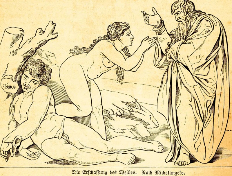 The Creation of Eve, after Michelangelo, Buonarroti (1475-1564) Italian painter of the High Renaissance, Bible, Creation story, Genesis 2, God, Adam, Eve, Sistine Chapel, Apostolic Palace, Rome, famous painting, Vatican, historical illustration 1869