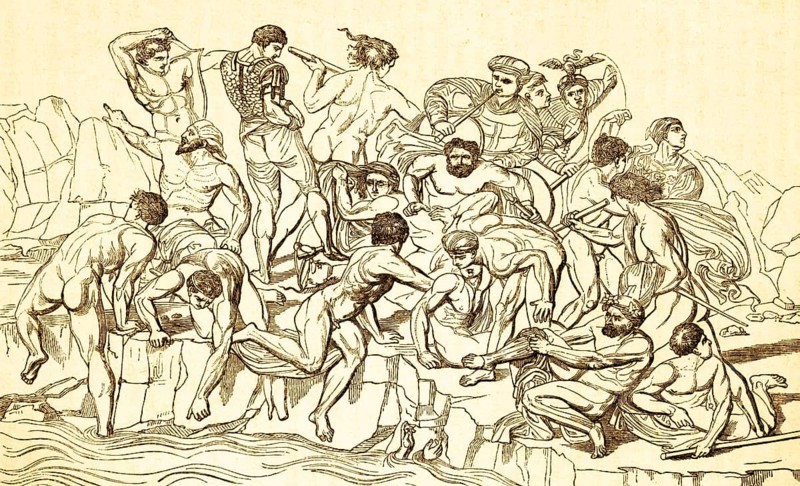 Fragment of the Battle of Ciscana, between Pisan and Florentine troops in 1364, after Michelangelo's student Aristotle da Sangallo, Victory of the Florentines, Pisa, Florence, shore, fight, kill, drown, nudity, sticks, Tuscany, Italy, historical illustration 1869