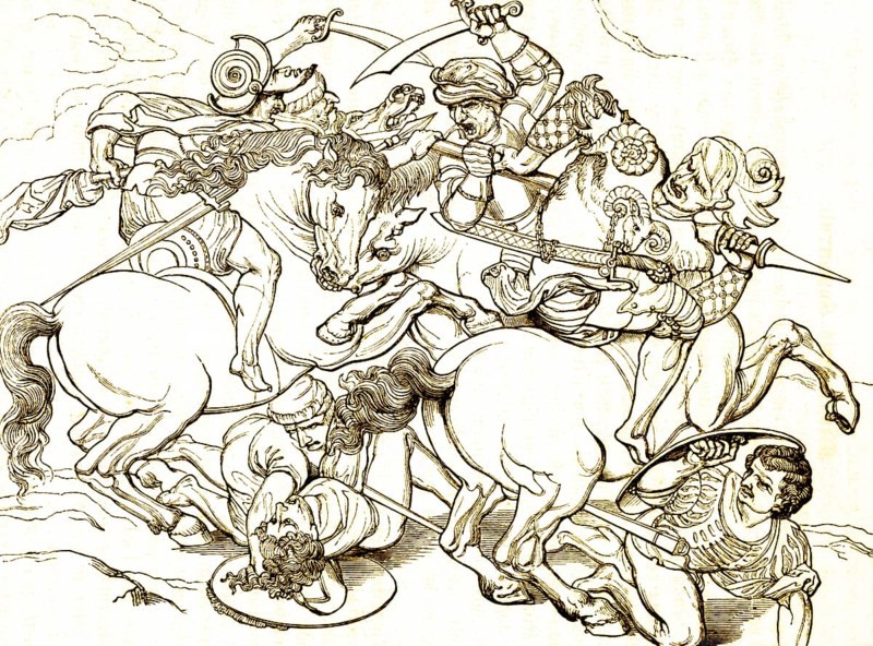 Group of horsemen, after Leonardo da Vinci (1452-1519), polymath and painter, battle, fighter, sword, shield, rage, death, Italy, historical illustration 1869