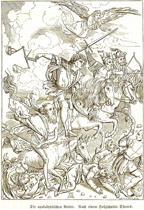 The Apocalyptic Horsemen, Bible, Revelation of John, Messengers of the Apocalypse, Last Judgment, Sword, Bow and Arrow, Weapons, Wild Ride, Killing, Symbolism, Famine, Struggle, Angel in Heaven, after a woodcut by Albrecht Dürer, historical illustration 1869