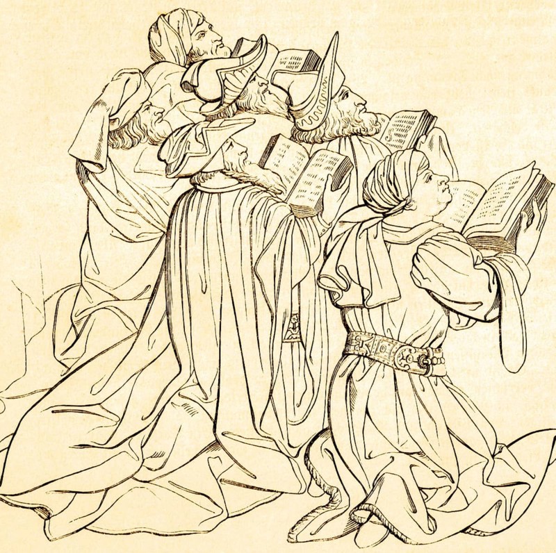 Group of prophets, Ghent altarpiece, Christianity, religion, kneeling, Bible, looking to heaven, piety, Ghent, Belgium, historical illustration 1869