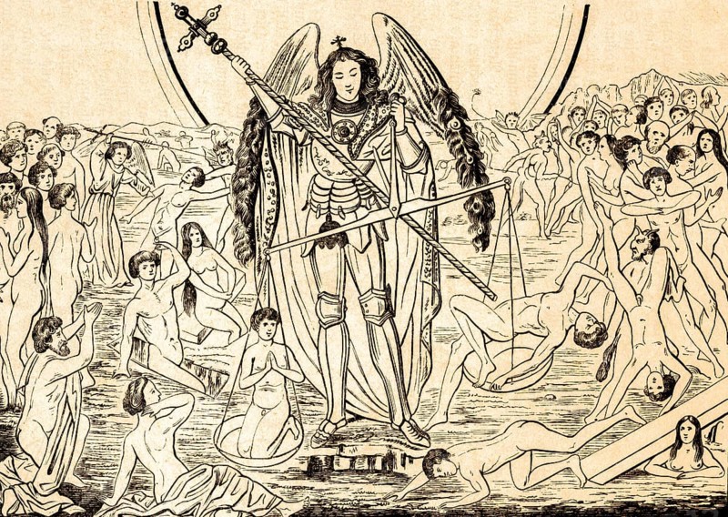 The Last Judgement by Hans Memling, Gdansk World Judgement (c. 1470), Renaissance, St John's Apocalypse, horror scenes, lower half of the centre panel, Christian symbolism, painter, artist, justice, horror, horror, chaos, scary, nudity, knight, sword, wings, National Museum Gdansk, Gdansk, Poland, historical illustration 1869