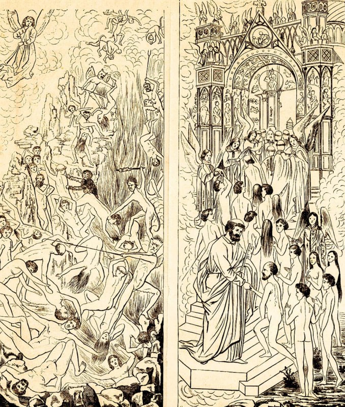 The Last Judgement by Hans Memling, both wings of the Gdansk World Judgement (c. 1470), Renaissance, St John's Apocalypse, horror scenes Lower half of the centre panel, Christian symbolism, painter, artist, justice, righteousness, horror, chaos, scary, nudity, angel, heaven, Tor tor, gate, welcome, welcome, kingdom of God, National Museum Gdansk, Gdansk, Poland, historical illustration 1869