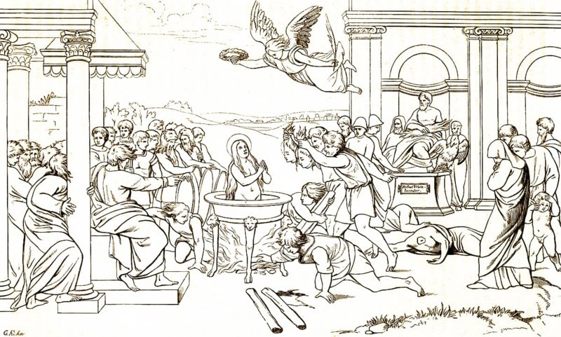 Martyrdom of St. Felicitas, 2nd century, victim of Christian persecution, catholic faith, patron saint, religion, public, fire, kettle, killing, floating angel, after Raphael, Rome, Italy, historical illustration 1869