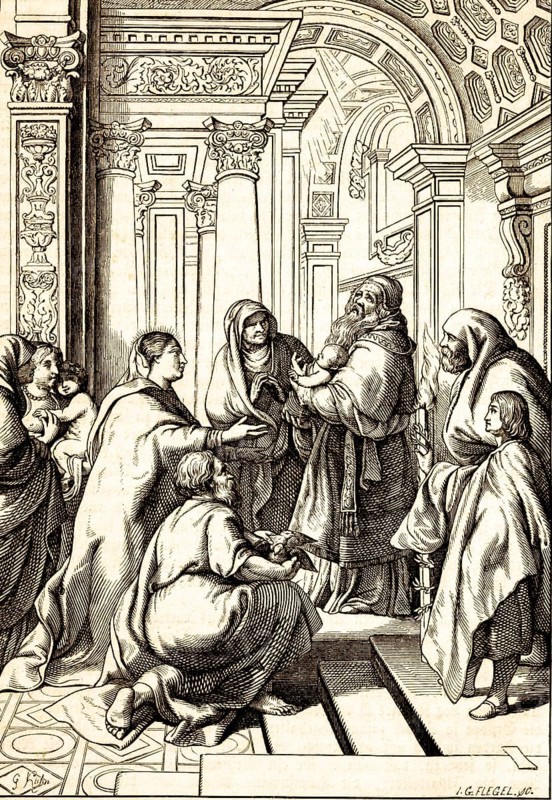 The Presentation of Christ in the Temple, based on a Rubens Cross Acceptance Triptych, Mary, Group, Religion, Baby, Delivery, Onze Lieve Vrouwe-Kerk, Antwerp, Belgium, historical illustration 1869