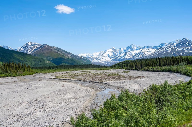 Mountain peak with snow and river, Alaska Range, Richardson Highway, Alaska, USA